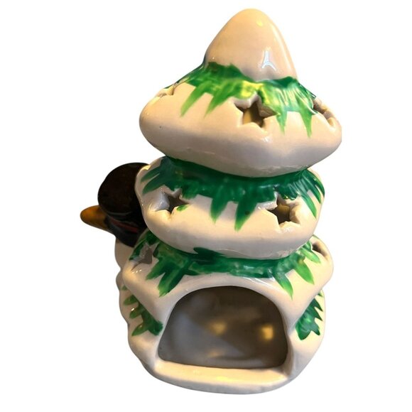 Vintage Ceramic Christmas Tree Tea Light Holder With Snowman Design - Picture 2 of 15